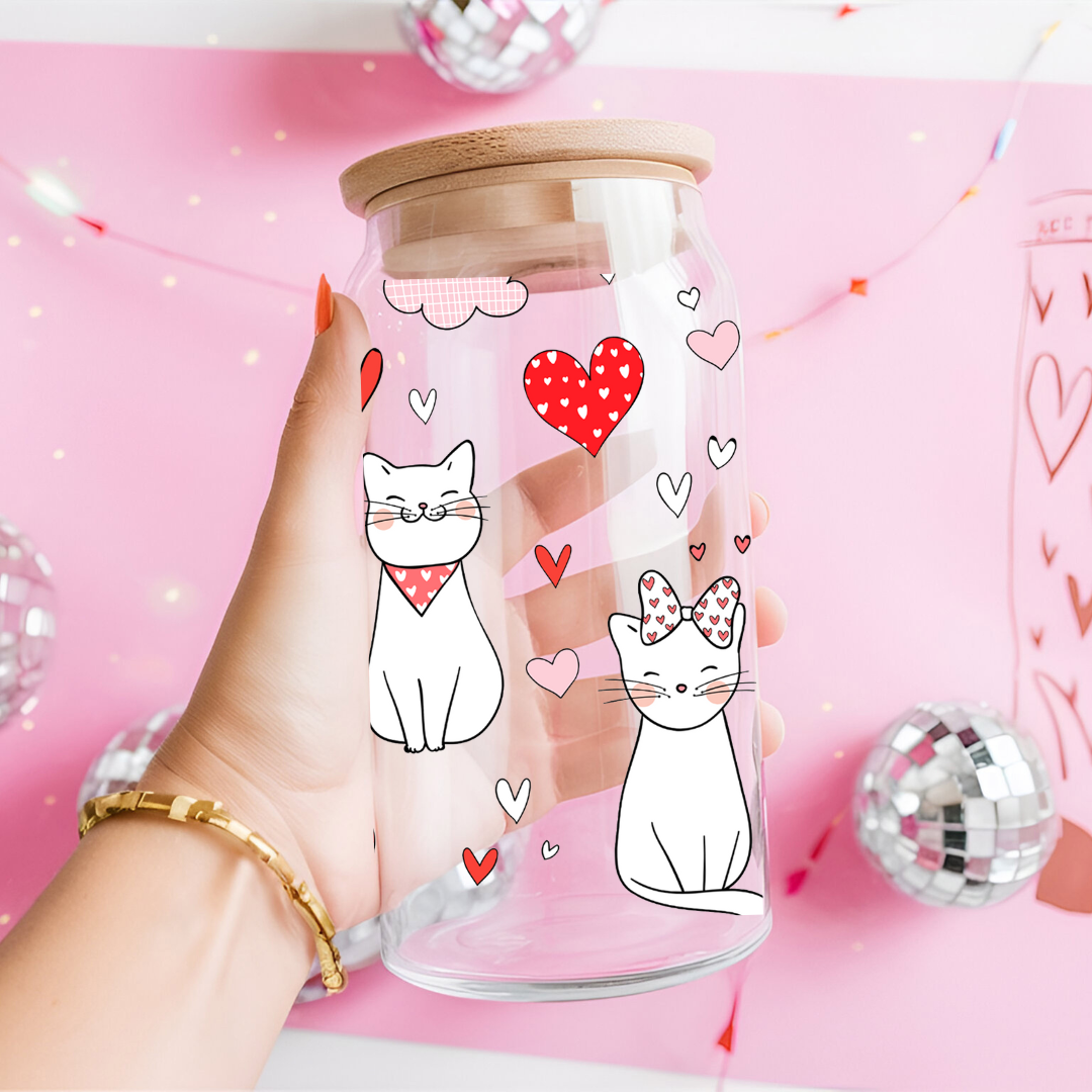 Cute Cats Valentine's Day Coffee glass mug, Perfect Gift for Cat Lovers on Valentine's Day