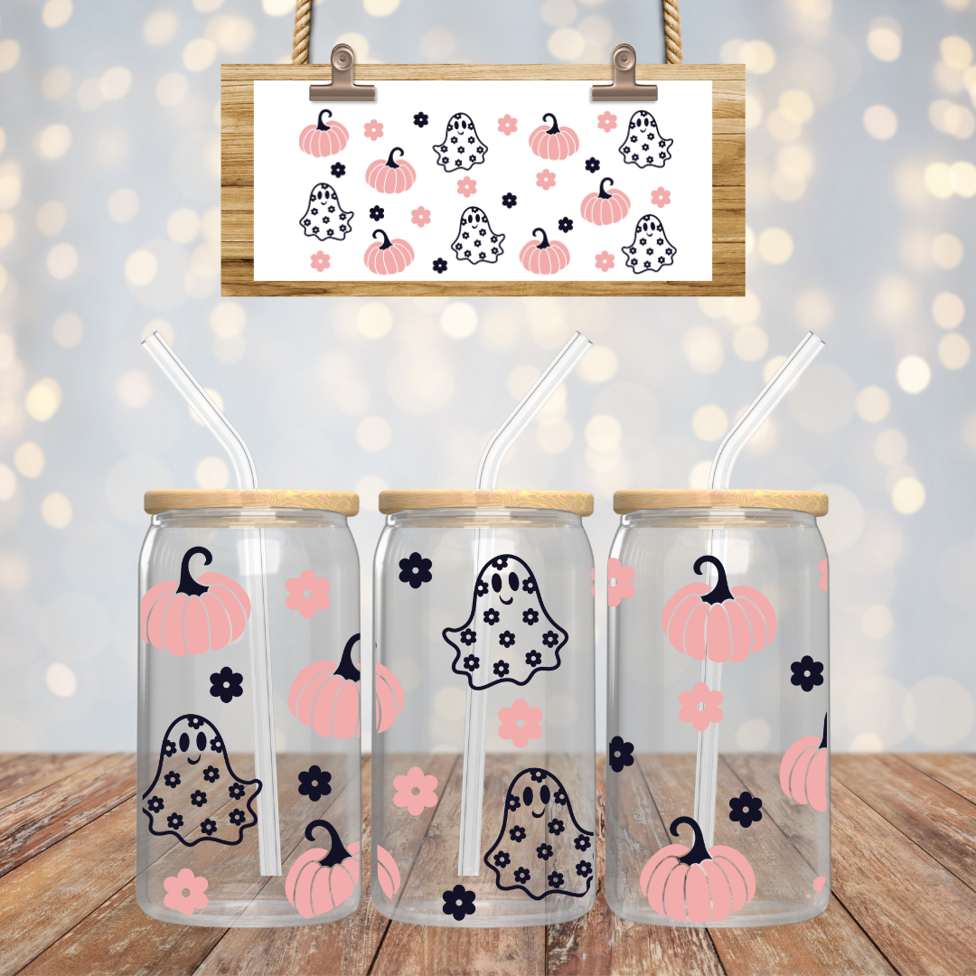 Floral Ghosts Ice Coffee Glass Cup,  Coffee Glass, Halloween Ghost Glass Mug, Daisy and Ghost Tumbler
