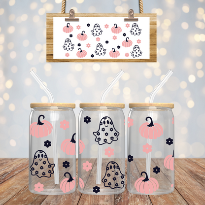Floral Ghosts Ice Coffee Glass Cup,  Coffee Glass, Halloween Ghost Glass Mug, Daisy and Ghost Tumbler