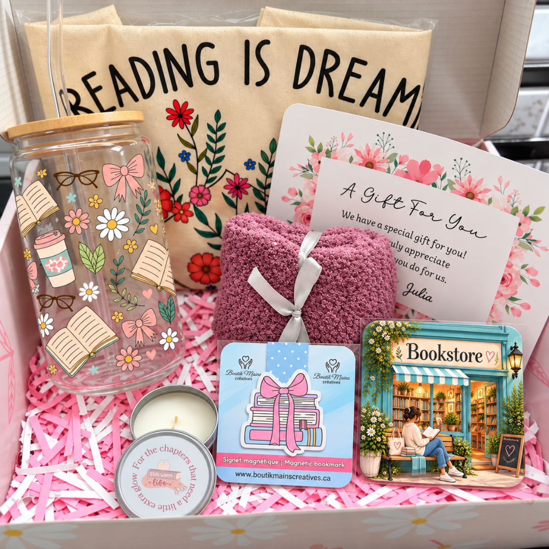 Coffret cadeau pour amoureux de la lecture avec verre à boissons froides, sac fourre-tout fleuri, chandelle à la vanille, signet magnétique , aimant pour frigo et bas confortables.