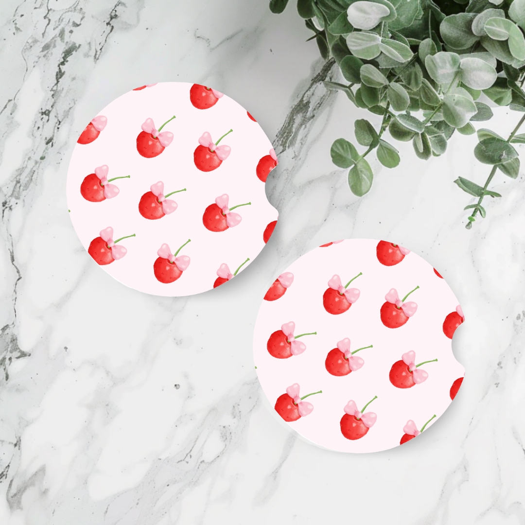 Carcoasters en néoprène , sublimés avec design de cerises coquettes.