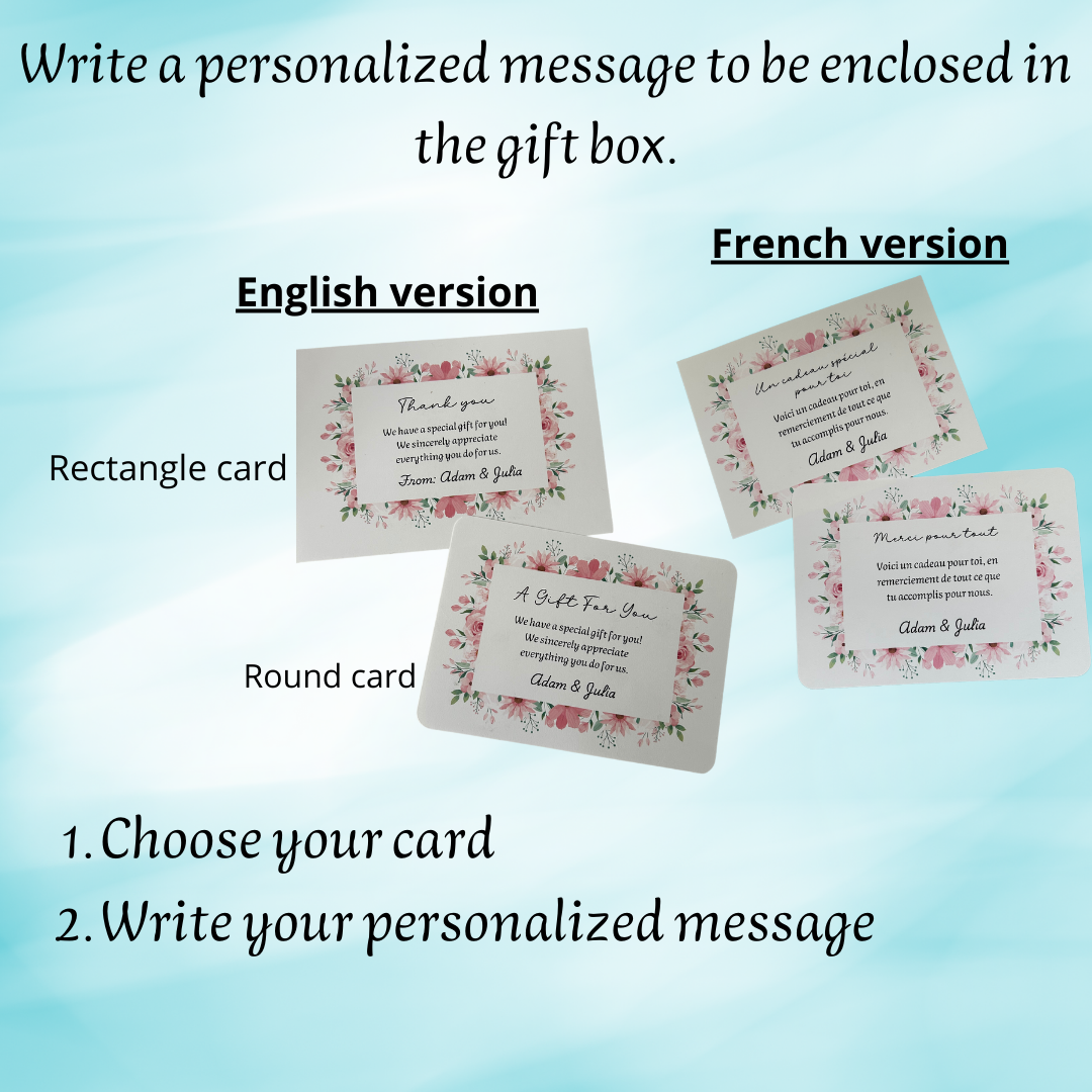 Fiche anglaise démontrant les choix des cartes de voeux personnalisés à choisir pour le coffret