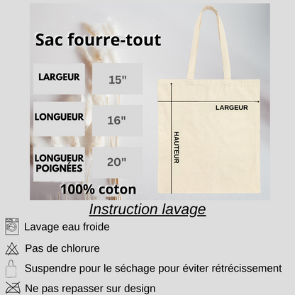 Fiche descriptive en français montrant les dimensions du sac Fourre-tout ainsi que les instructions de lavage.