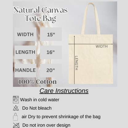 Fiche descriptive du sac fourre-tout en anglais montrant les dimensions et les instructions de lavage.