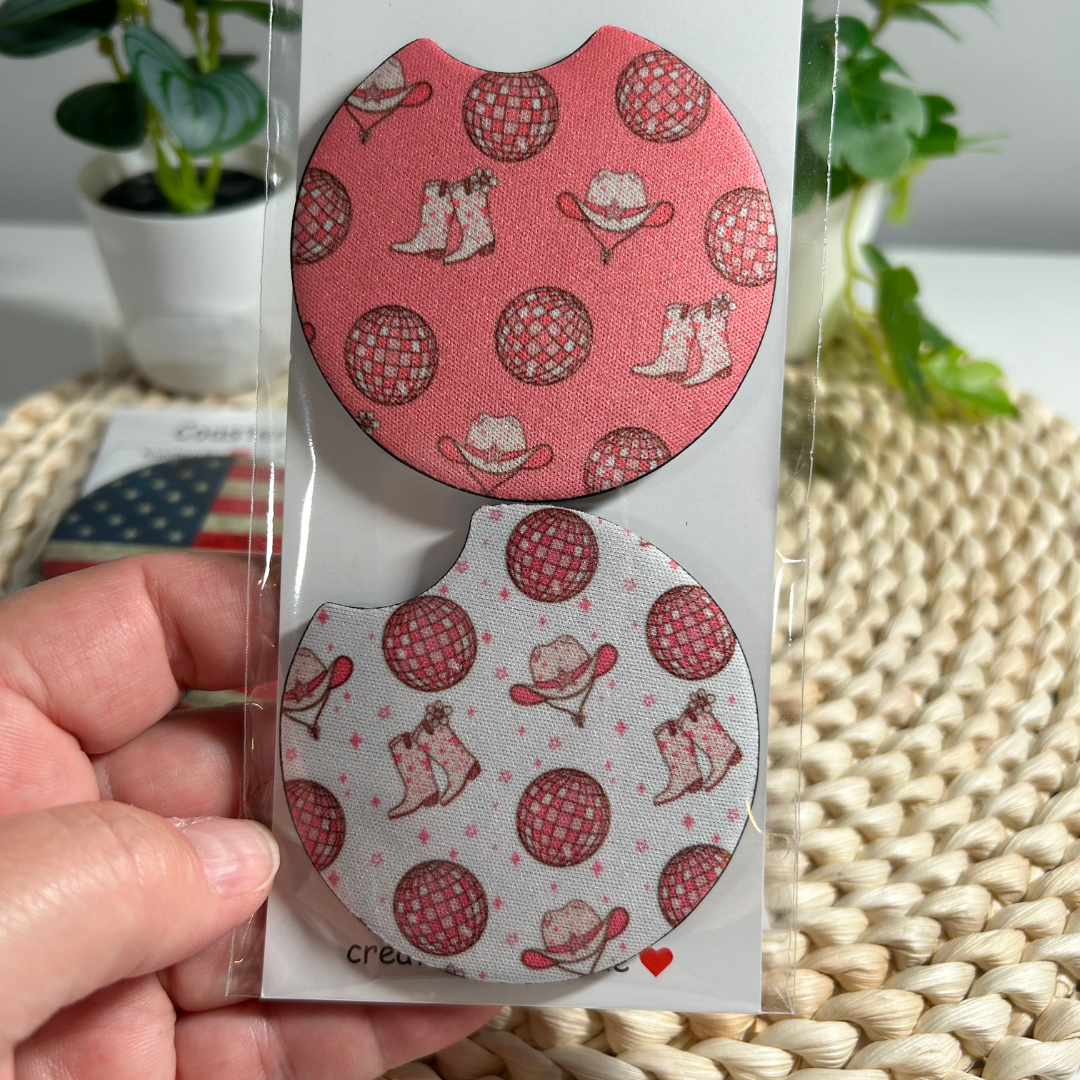 Pair of Car Coasters - Disco Cowgirl Design