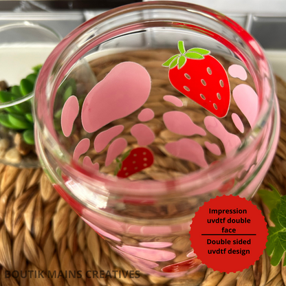 Cow Print Strawberry Iced Coffee Glass cup,  Fruit Glass mug