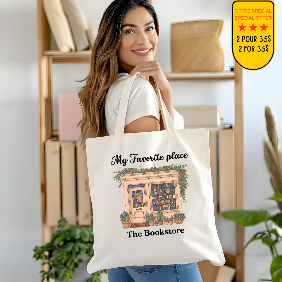 Sac fourre-tout avec illustration d'une façade de librairie décorée de fleurs et plantes.
