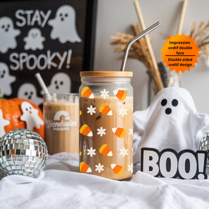 Verre à café glacé bonbons maïs d'halloween, verre halloween candy corn et marguerites