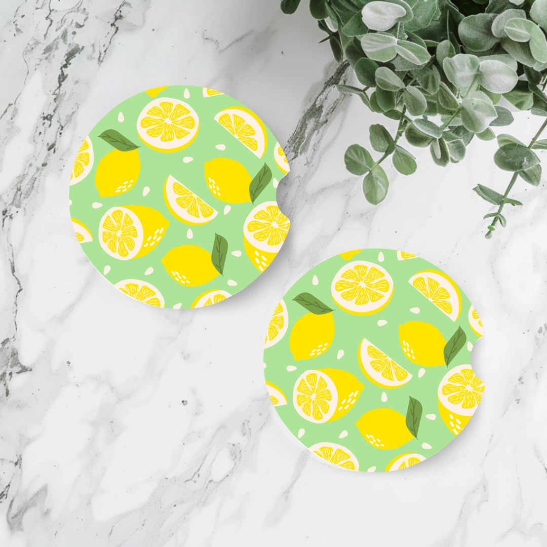 Duo de sous-verres pour auto motif citrons jaunes