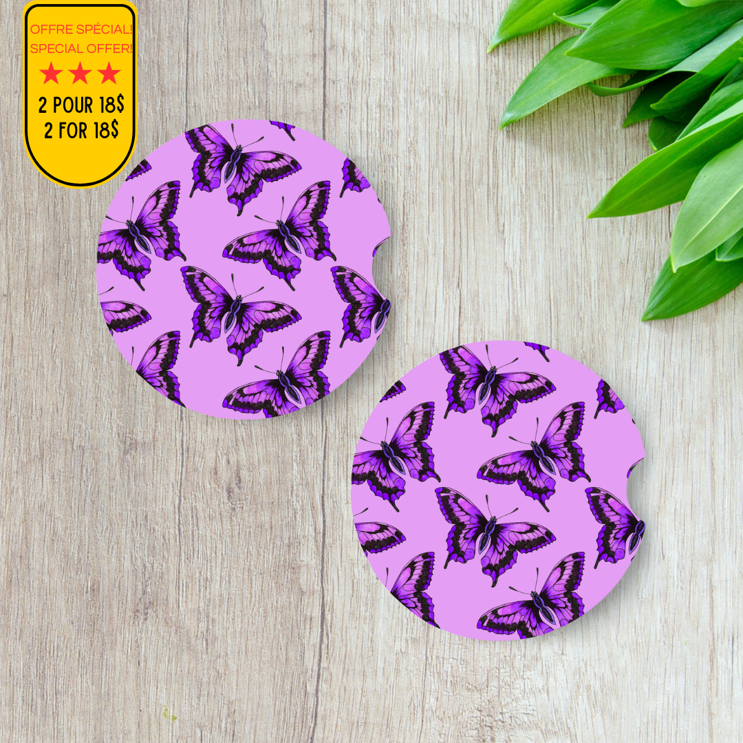 Duo de sous-verres pour voiture en néoprène avec motif de papillons mauves et violets 