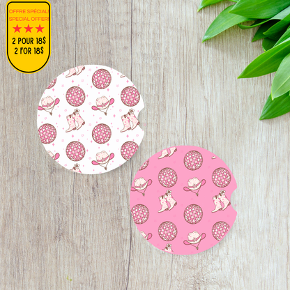 Duo de sous-verres pour voiture motif Cowgirl Disco avec bottes de cowboy, chapeaux et boules disco
