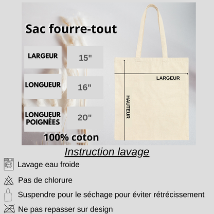 Fiche démontrant les dimensions et entretien pour sac fourre-tout