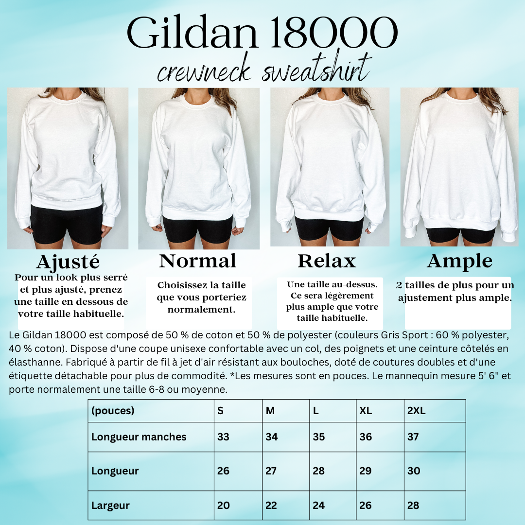 Tableau illustrant le rendu de chaque grandeur de sweatshirt sur mannequin, pour faciliter le choix de la taille désirée