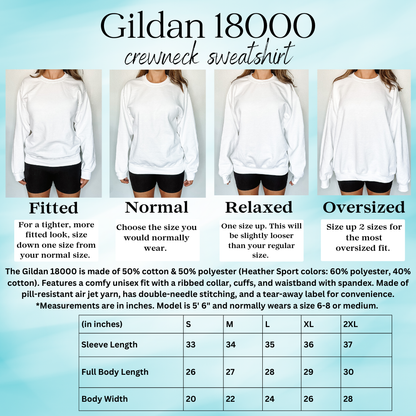 Fit chart showing each size unisex sweatshirt on a mannequin, from Small to 2XL, to help choose the right size