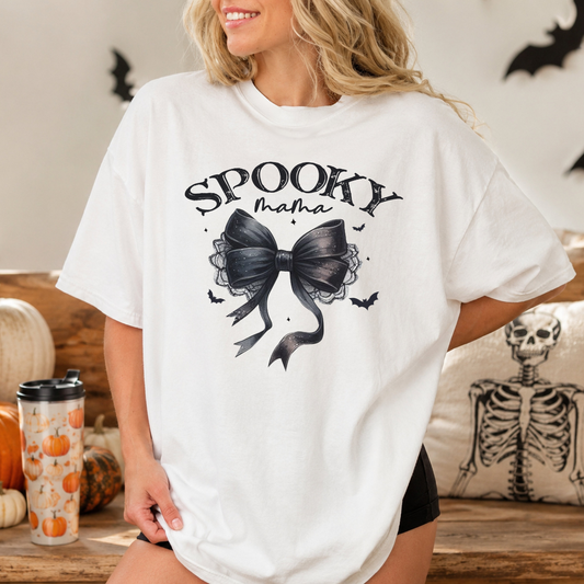 Spooky Halloween Mama with Coquette Black Bow T-shirt
