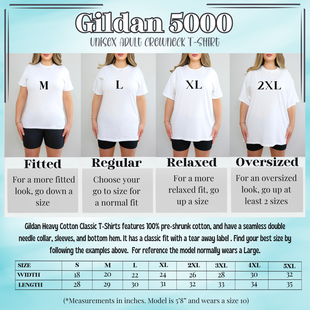 Fit chart showing each size unisex t-shirt on mannequin, from small to 2Xl, to help choose the right size