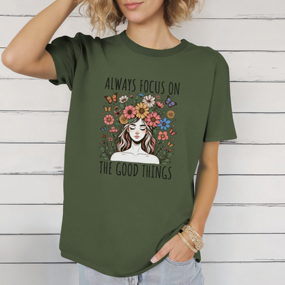 Floral boho style good vibes t-shirt