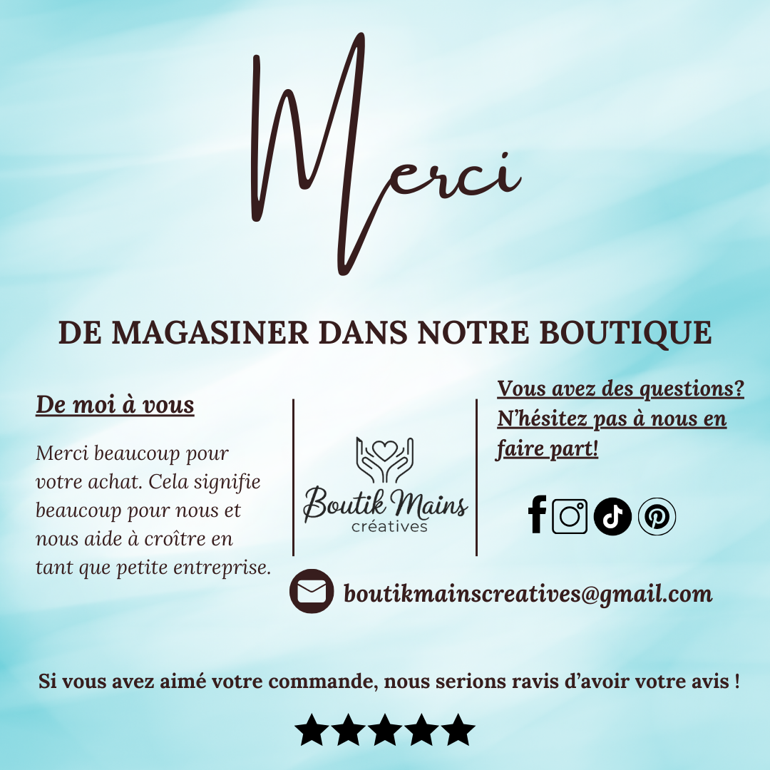 Fiche de remerciement de magasiner chez Boutik Mains Créatives.