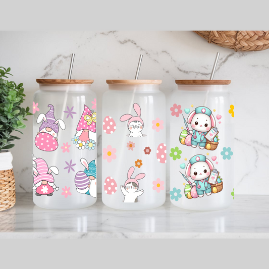 Verre à Café style Libbey can 16 oz de Pâques, design de gnomes, chats et lapin infirmière de pâques