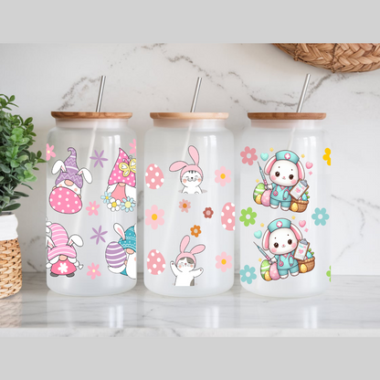 Verre à Café style Libbey can 16 oz de Pâques, design de gnomes, chats et lapin infirmière de pâques