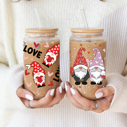 Verre à café glacé gnomes de St-Valentin, Valentine gnomes glass cup