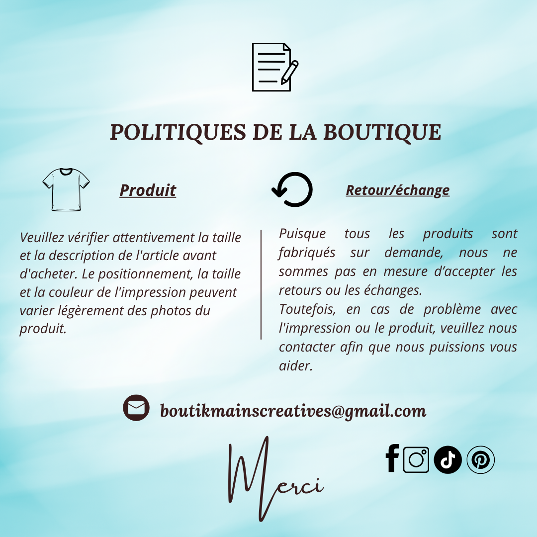 Message de politiques de retour:chaque commande est produite sur demande, aucun remboursement n’est possible. Veuillez vérifier les tailles avant de commander. Pour tout problème avec un article, contactez-nous.