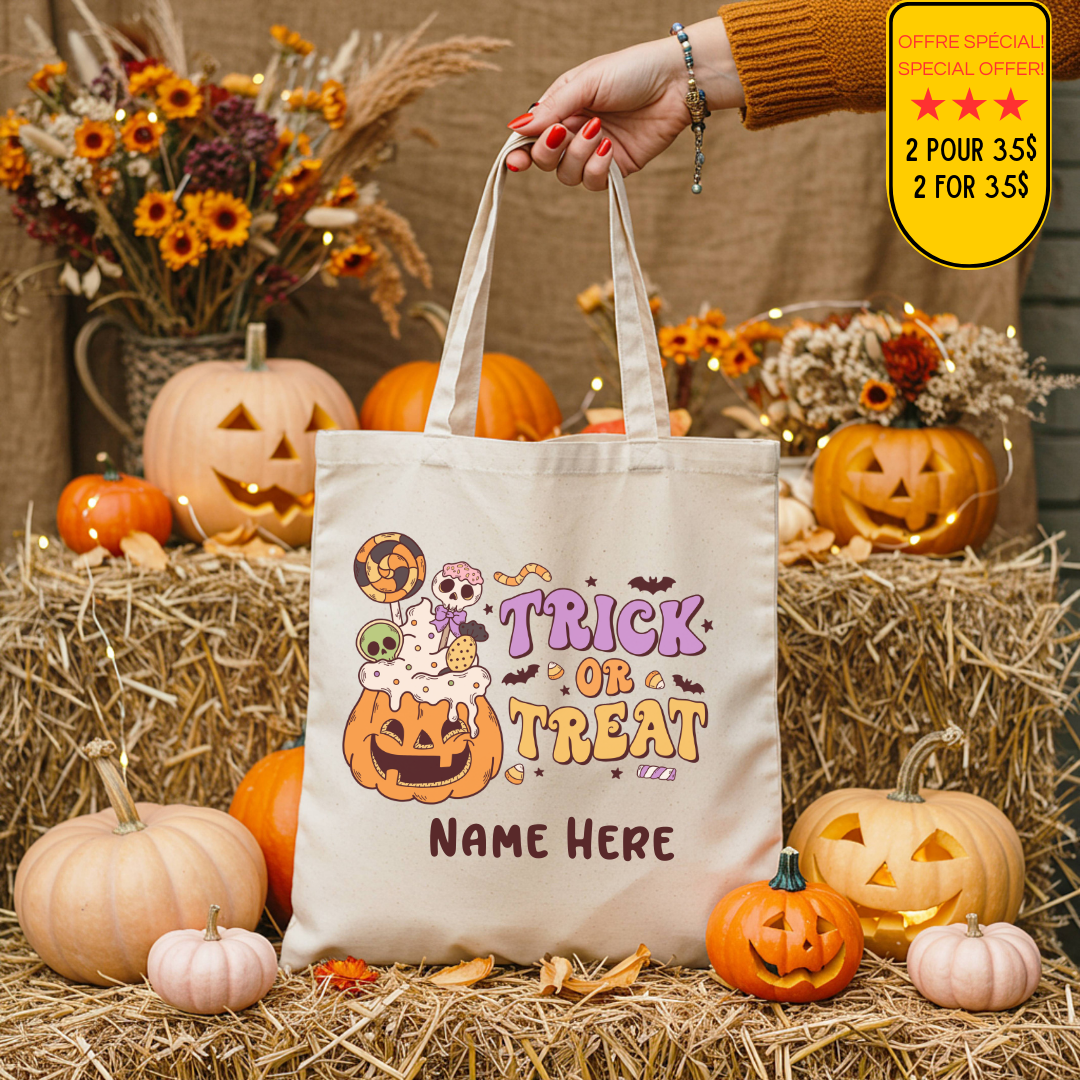 Sac fourre-tout d'Halloween personnalisé avec le nom de l'enfant, illustration de citrouilles et inscription "Trick or Treat", en coton naturel.