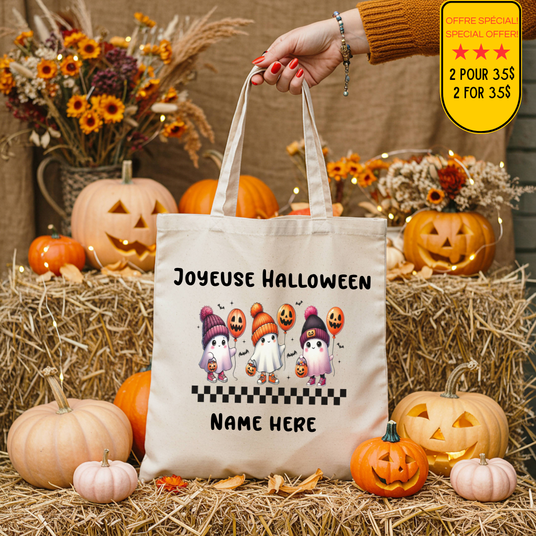Sac fourre-tout d'Halloween en coton naturel avec illustration de fantômes personnalisables avec le nom de l'enfant, modèles Joyeuse Halloween et Spooky Season.