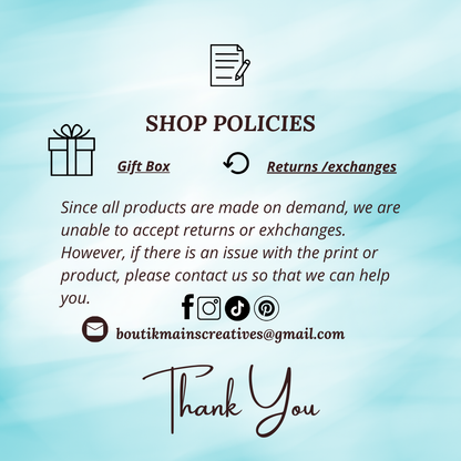 Fiche anglaise des politiques de la boutique et des réseaux sociaux