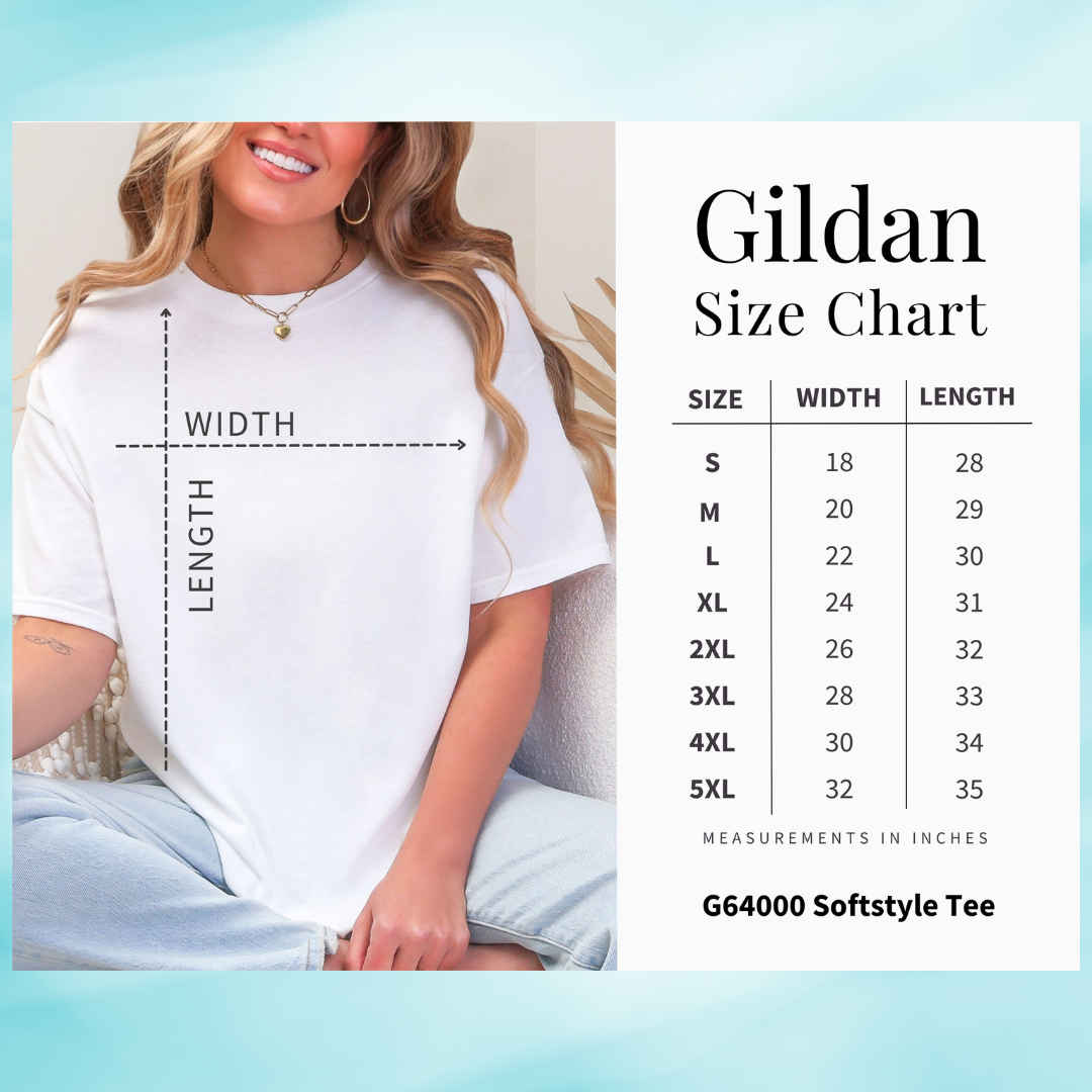 Fiche démontrant les dimensions des T-shirt Gildan selon la taille
