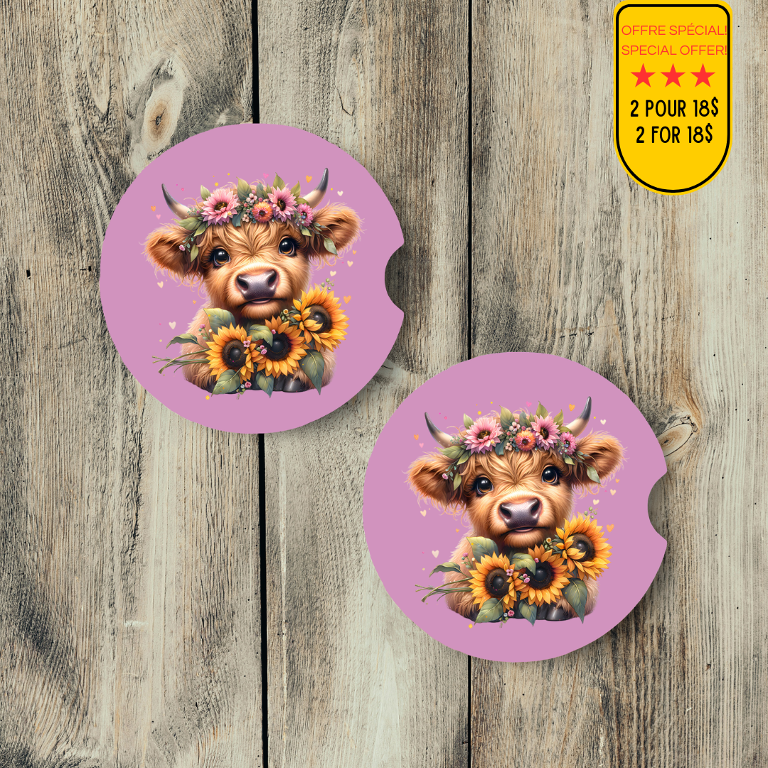Sous-verres pour auto mignonne Vache Highland, Cadeau style boho western