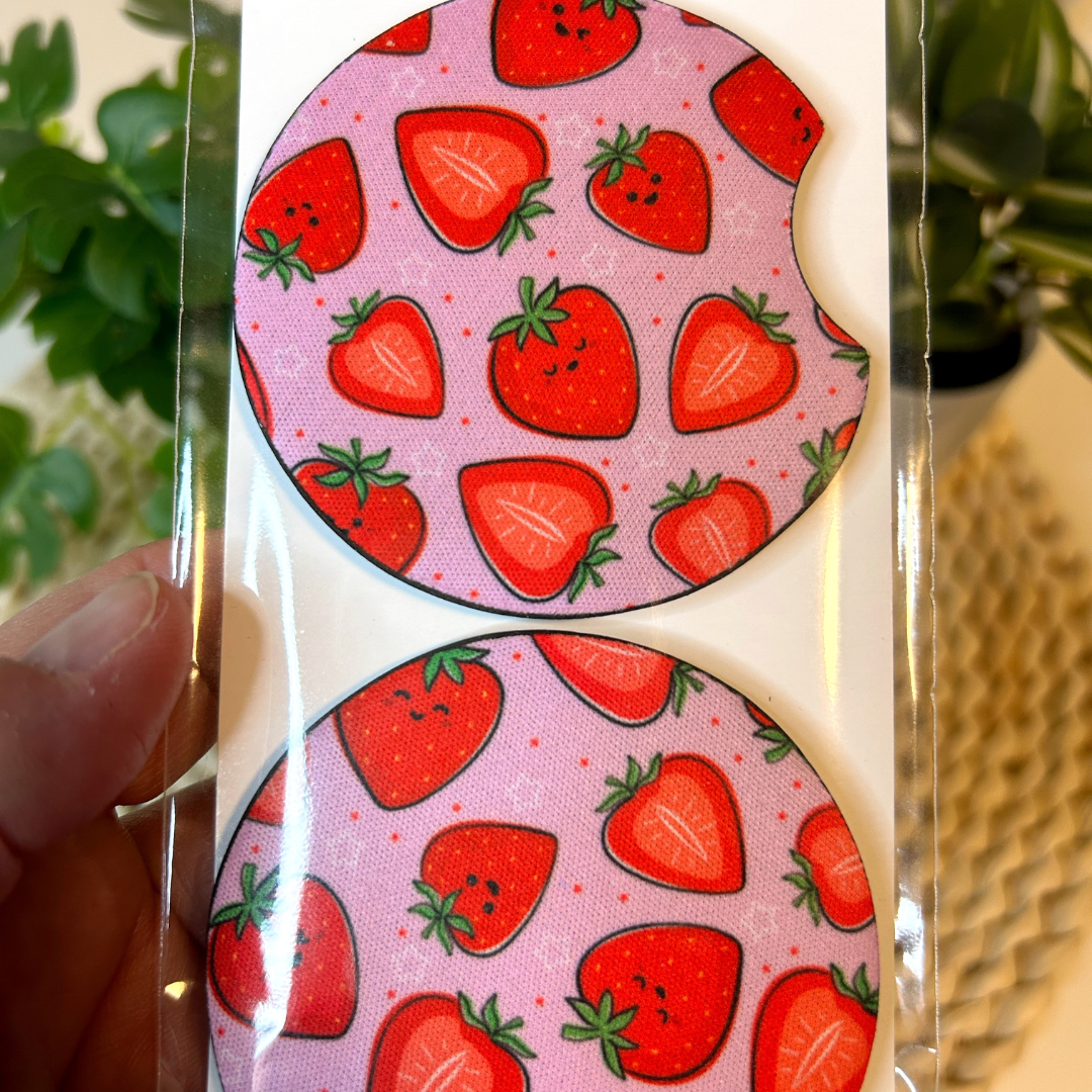 Vue rapprochée design car coasters fraises sublimé sur Néoprène