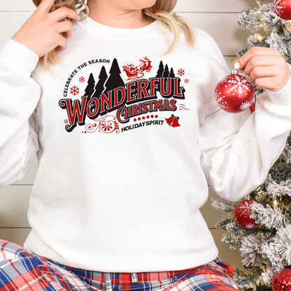 Sweatshirt Gildan blanc au design de Noël Wonderful christmas style rétro rouge et noir. Boutik Mains Créatives.