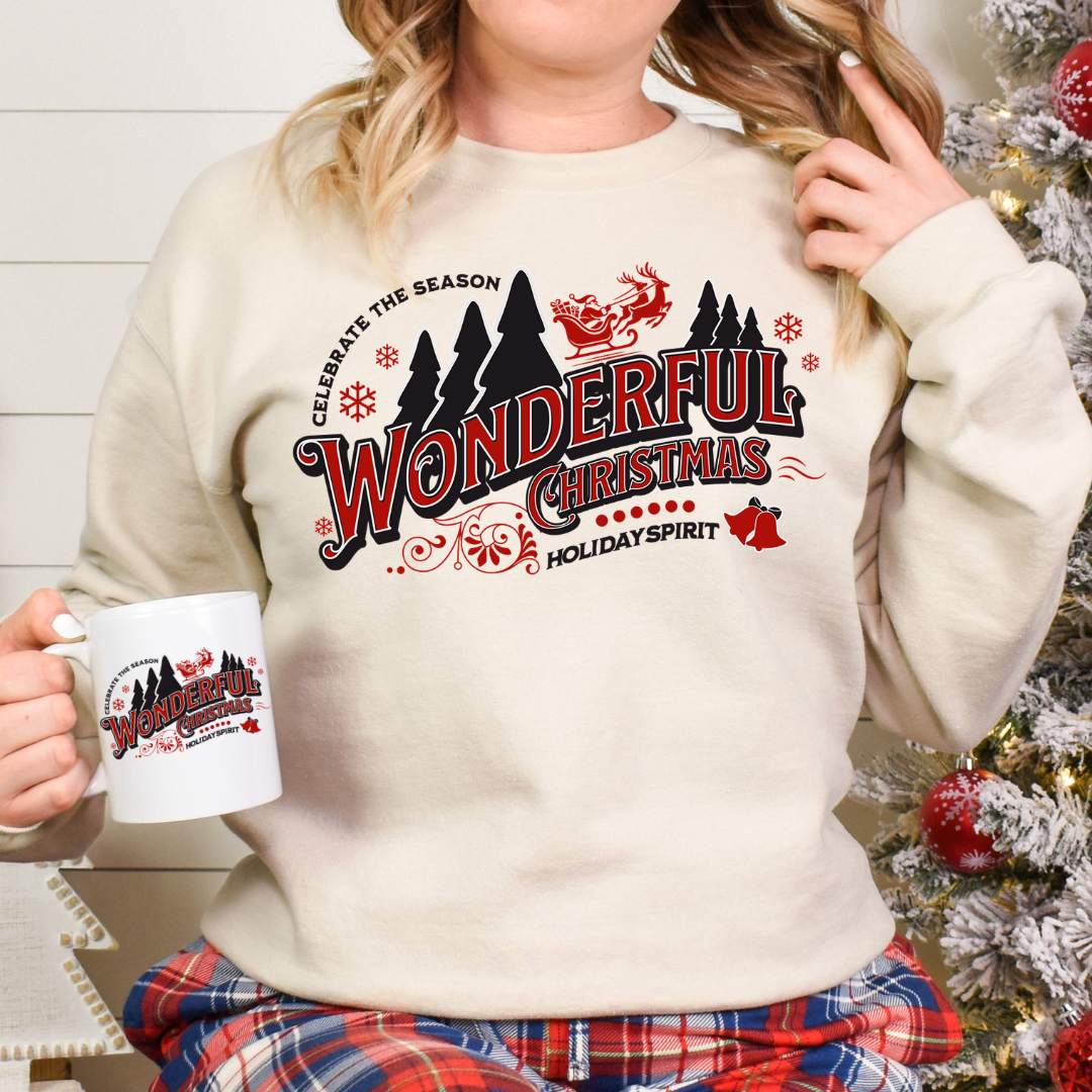 Sweatshirt Gildan sable au design de Noël Wonderful christmas style rétro rouge et noir. Boutik Mains Créatives.