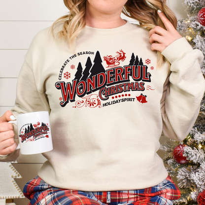 Sweatshirt Gildan sable au design de Noël Wonderful christmas style rétro rouge et noir. Boutik Mains Créatives.