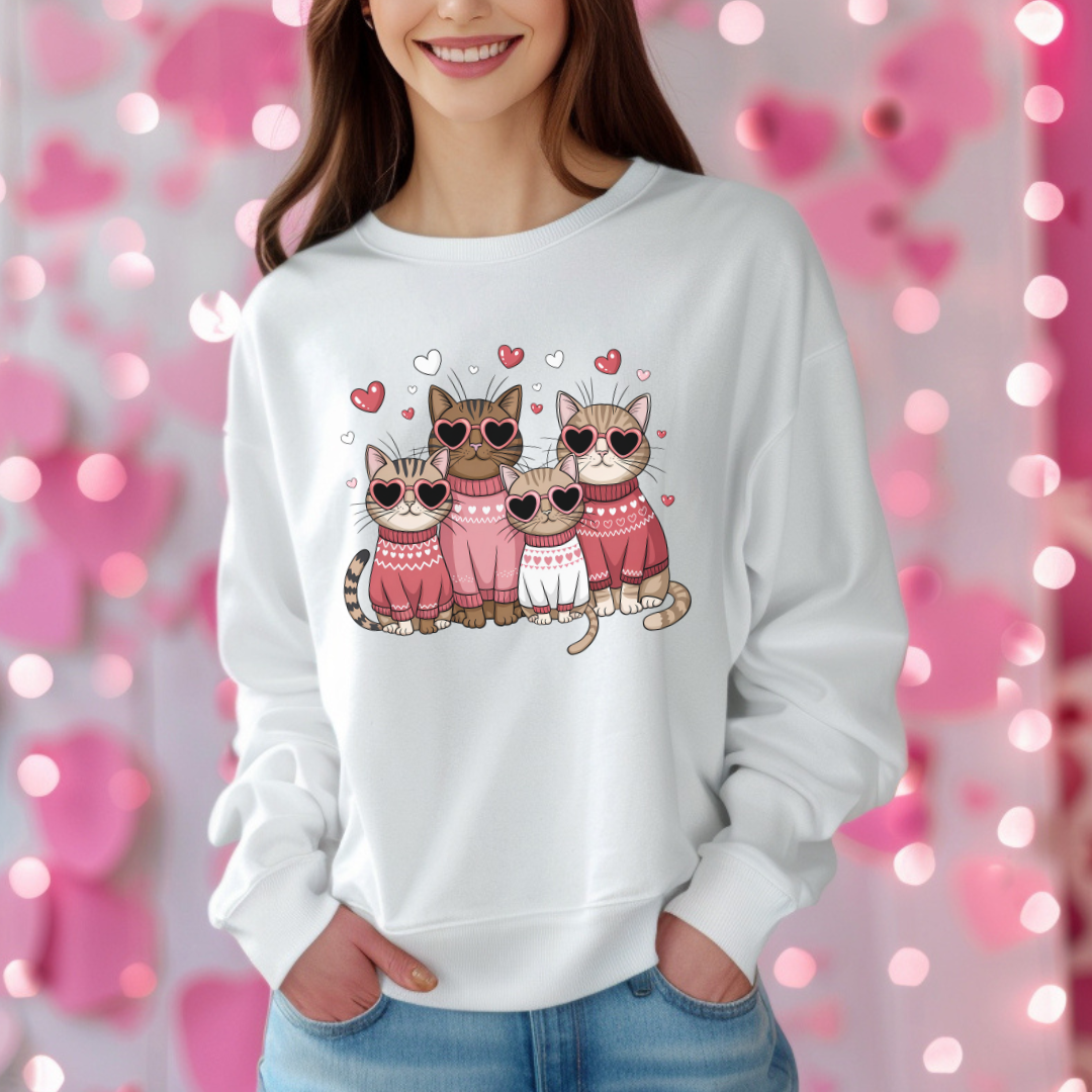  Sweatshirt blanc avec un motif de quatre chats portant des lunettes en forme de cœur et des pulls roses. Les chats sont entourés de petits cœurs roses.