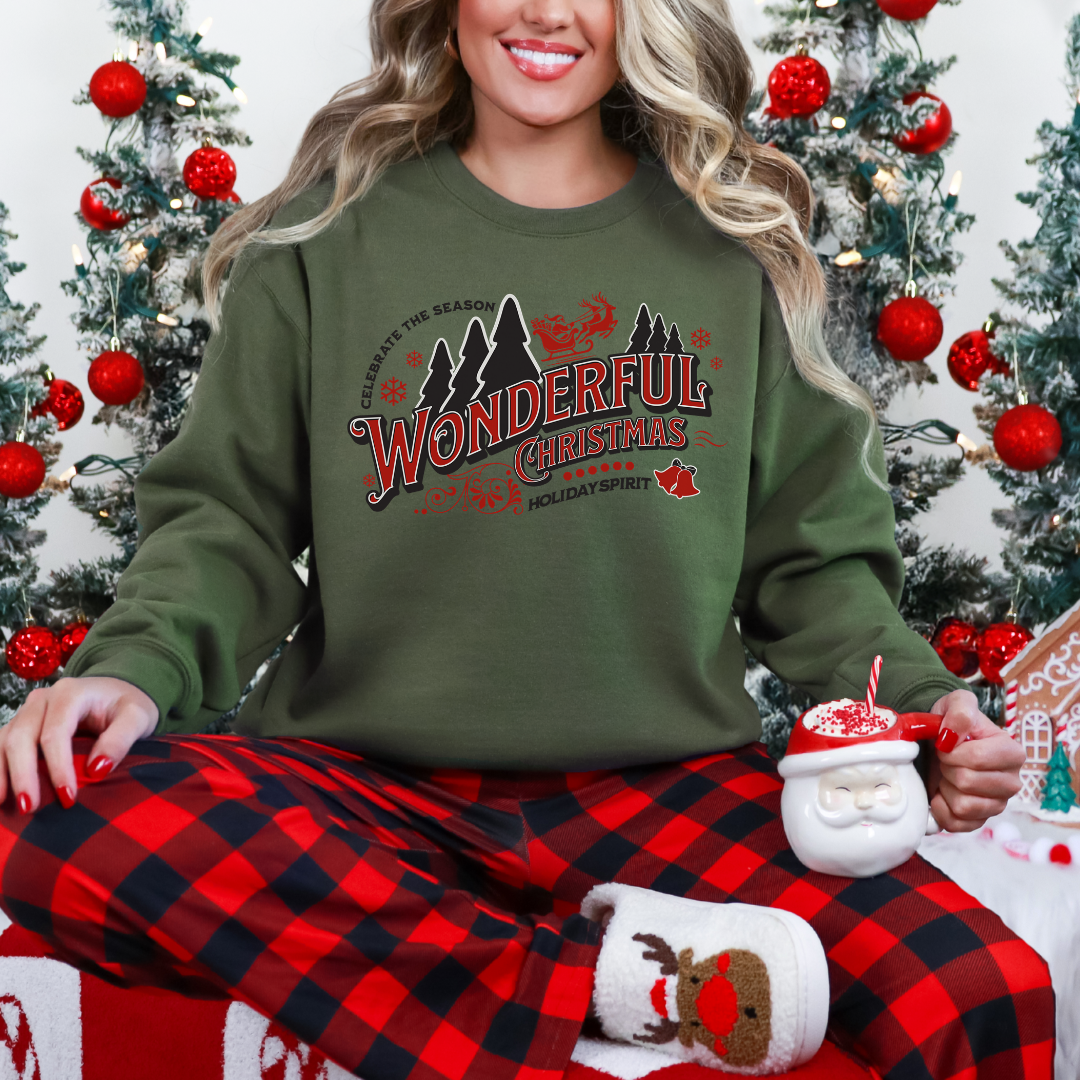 Sweatshirt Gildan vert militaire au design de Noël Wonderful christmas style rétro rouge et noir. Boutik Mains Créatives.