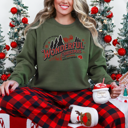 Sweatshirt Gildan vert militaire au design de Noël Wonderful christmas style rétro rouge et noir. Boutik Mains Créatives.