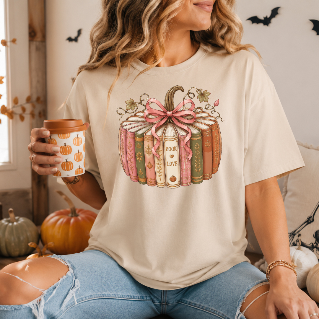 T-shirt unisexe en coton avec un design de livres en forme de citrouille pour l'automne et Halloween,