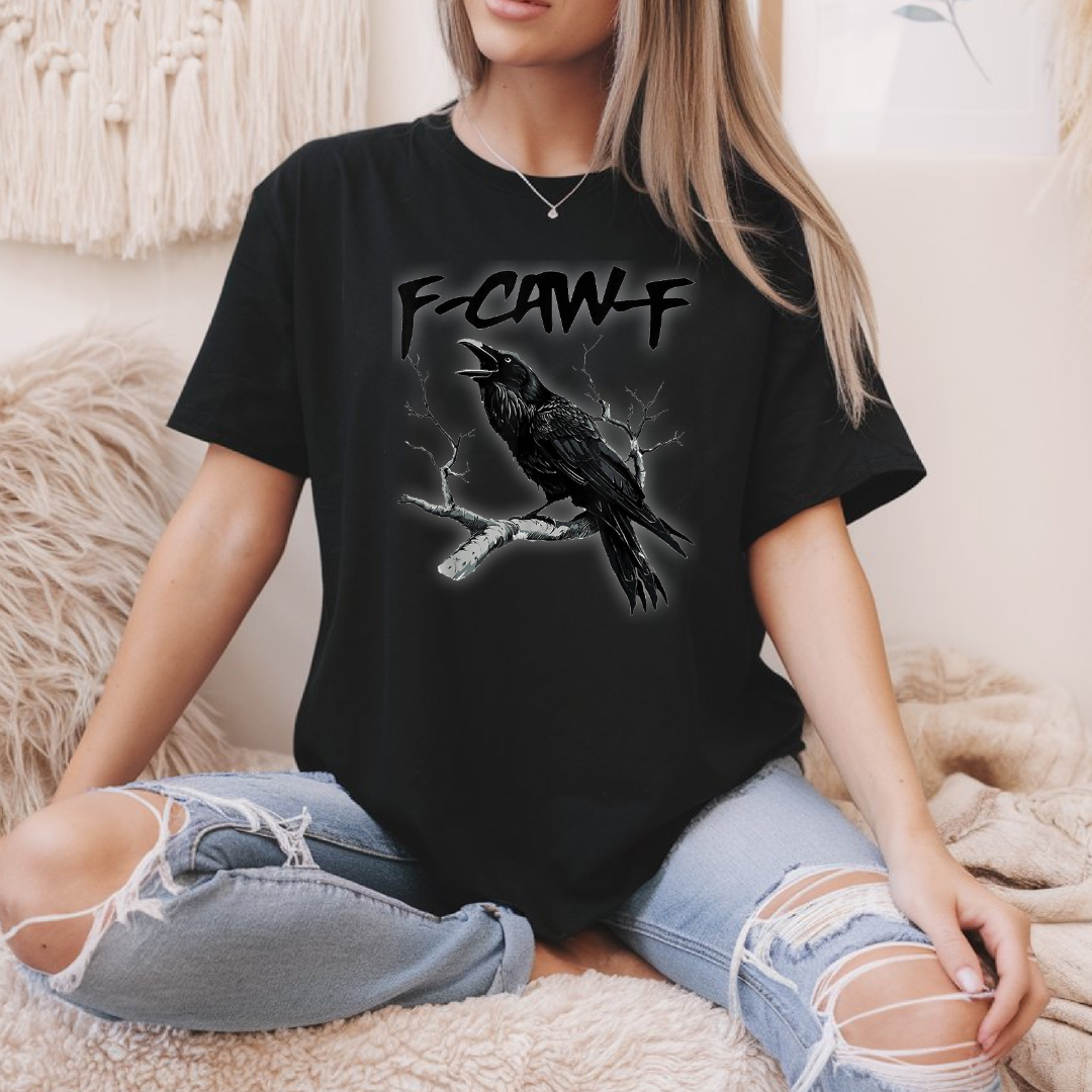 T-shirt noir avec un imprimé de corbeau avec citation ''F-CAW-F – chandail unisexe doux et confortable– Boutik Mains    
Créatives.
