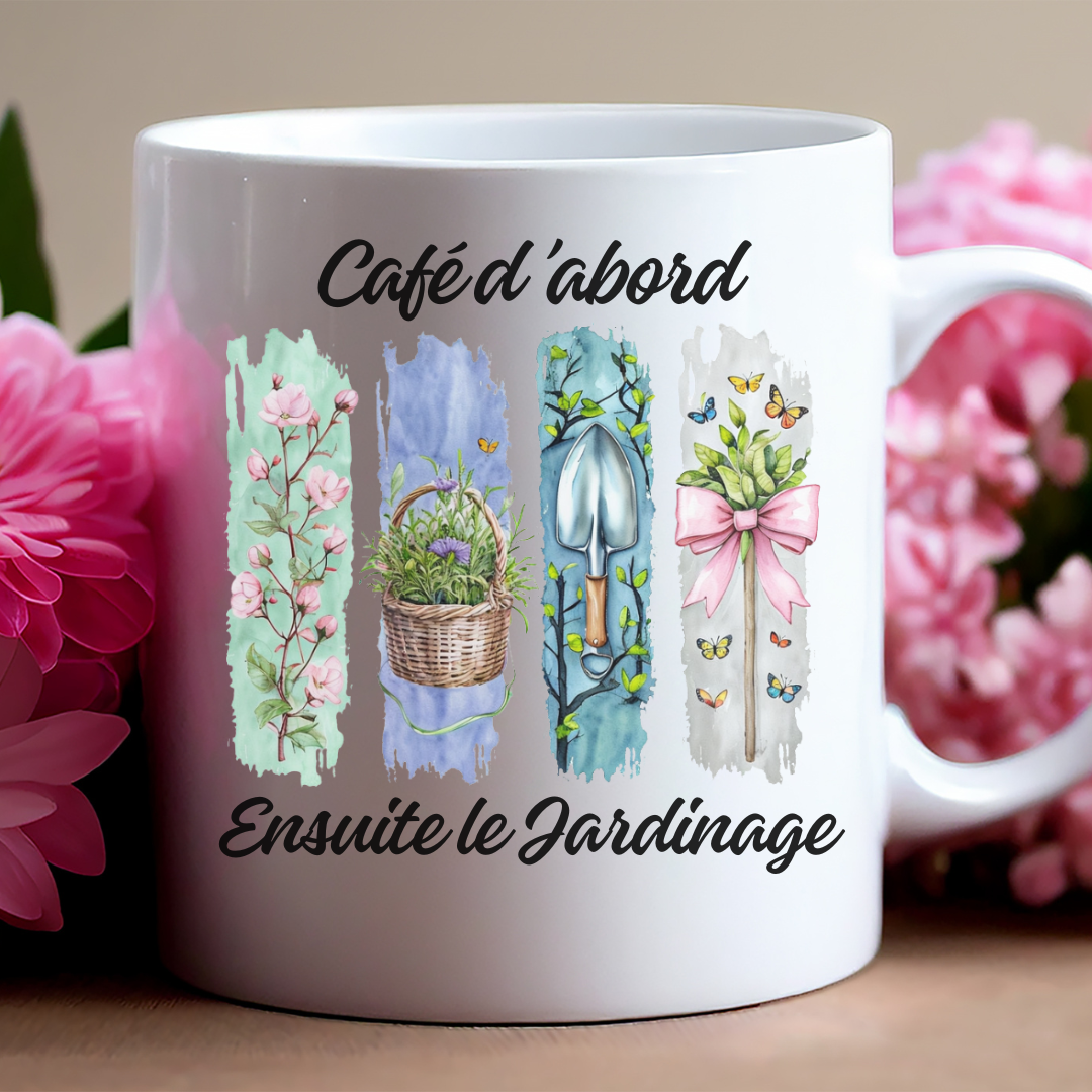 Tasse jardinage esthétique avec arrosoir, panier de plantes et fleurs