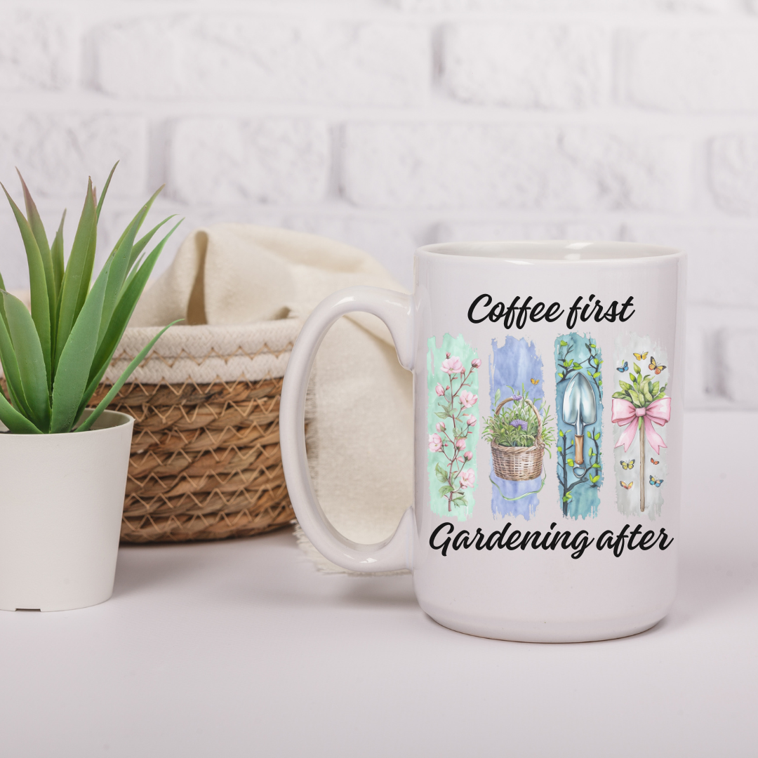 Mug jardinage esthétique avec arrosoir, panier de plantes et fleurs