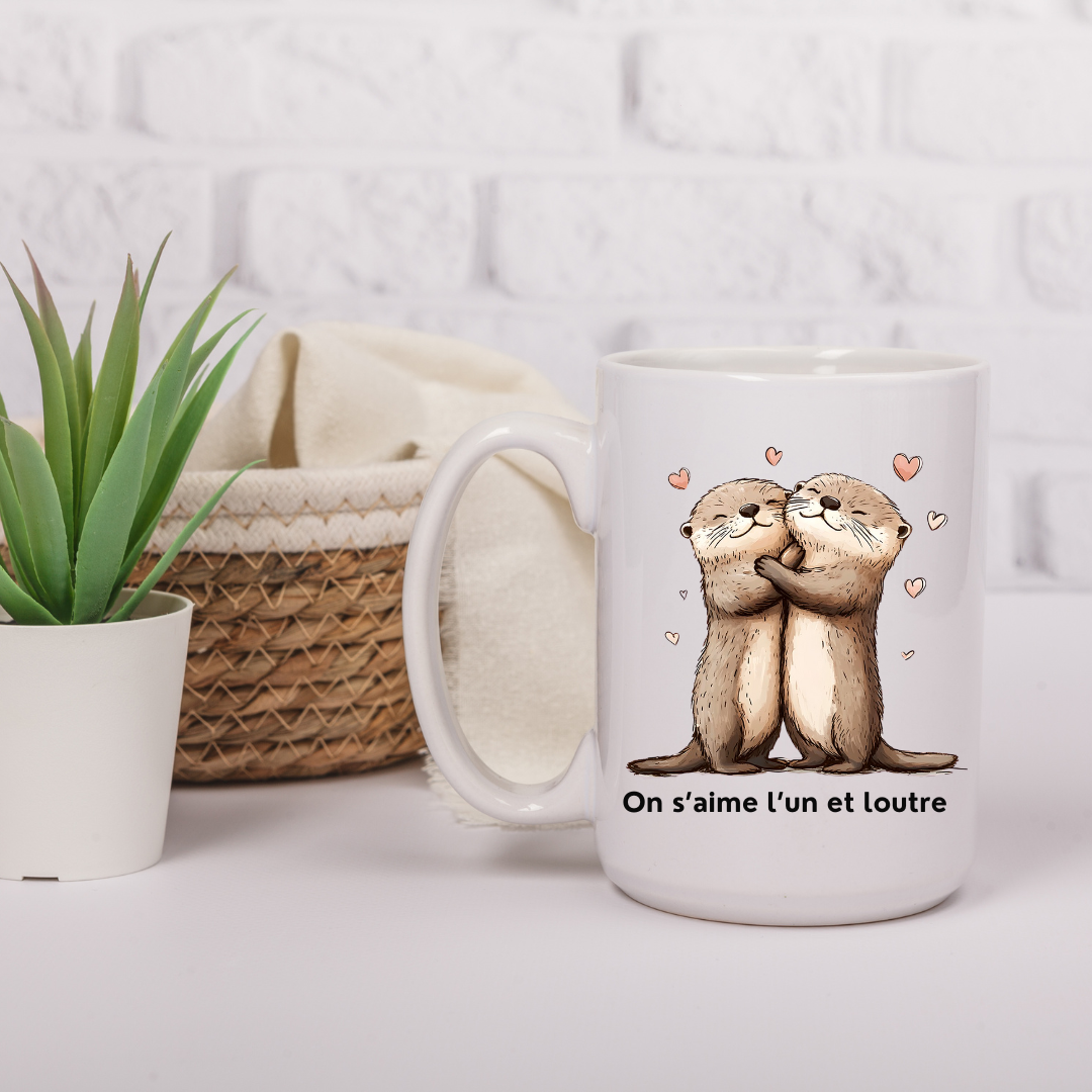 Illustration détaillée de deux loutres amoureuses avec cœurs, design tendre