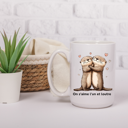 Illustration détaillée de deux loutres amoureuses avec cœurs, design tendre