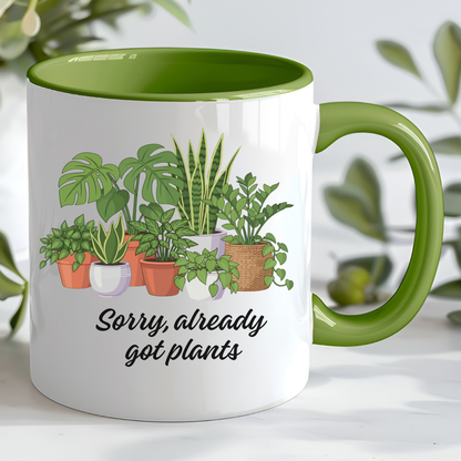 Mug illustré de plantes vertes avec inscription “Already got plants'', tasse botanique au style doux