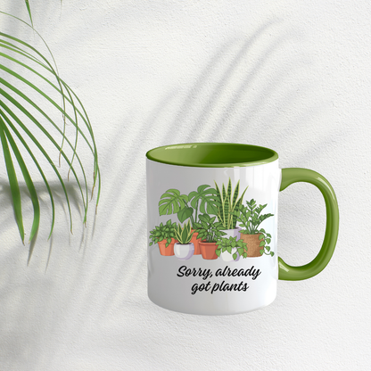 Illustration de plantes d’intérieur sur tasse blanche avec intérieur et poignée verte, design botanique pour plant lover