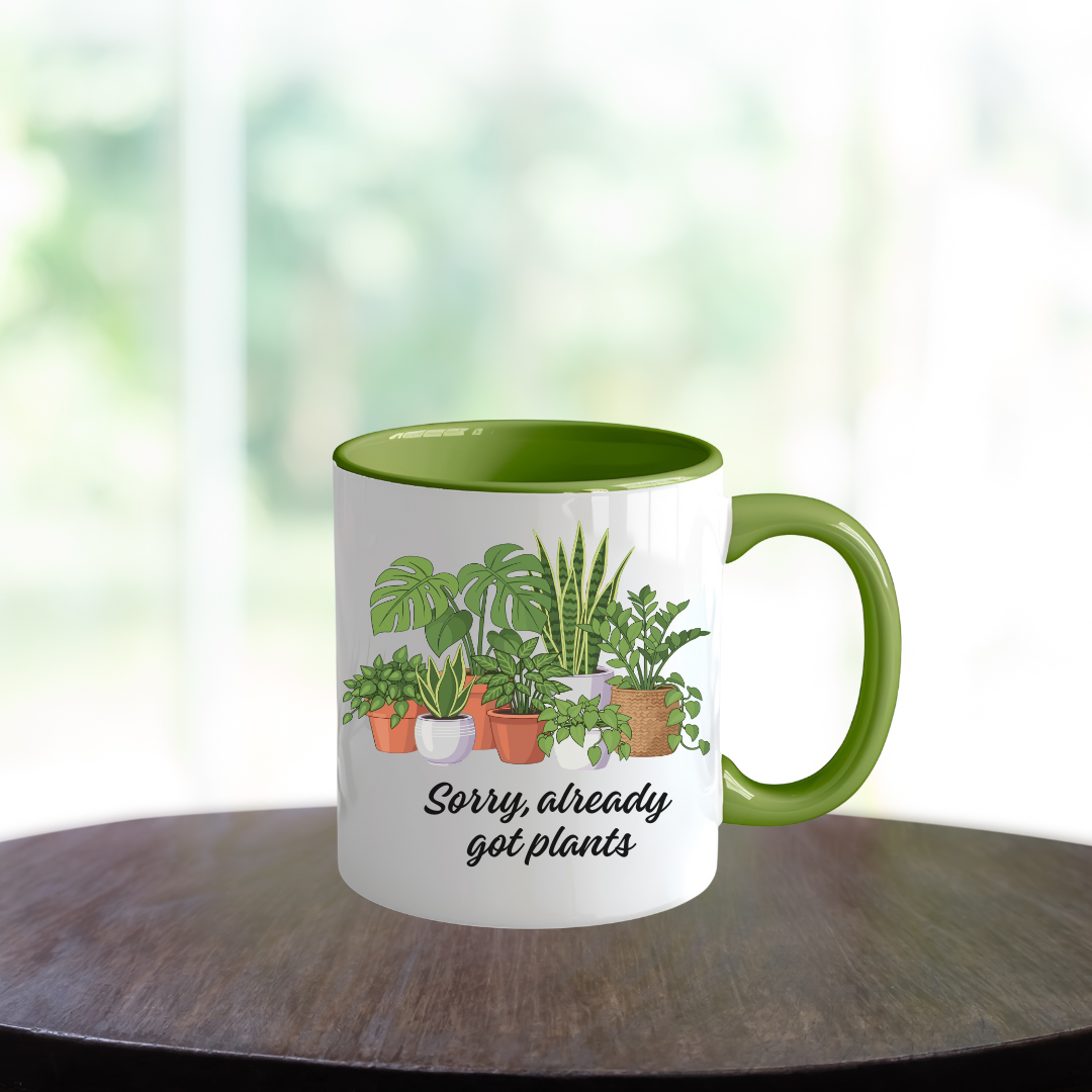 White mug with green interior featuring houseplant illustration and funny plant quote, plant lover coffee mug