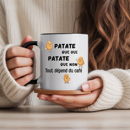 llustration de patates amusantes avec texte drôle sur tasse en céramique