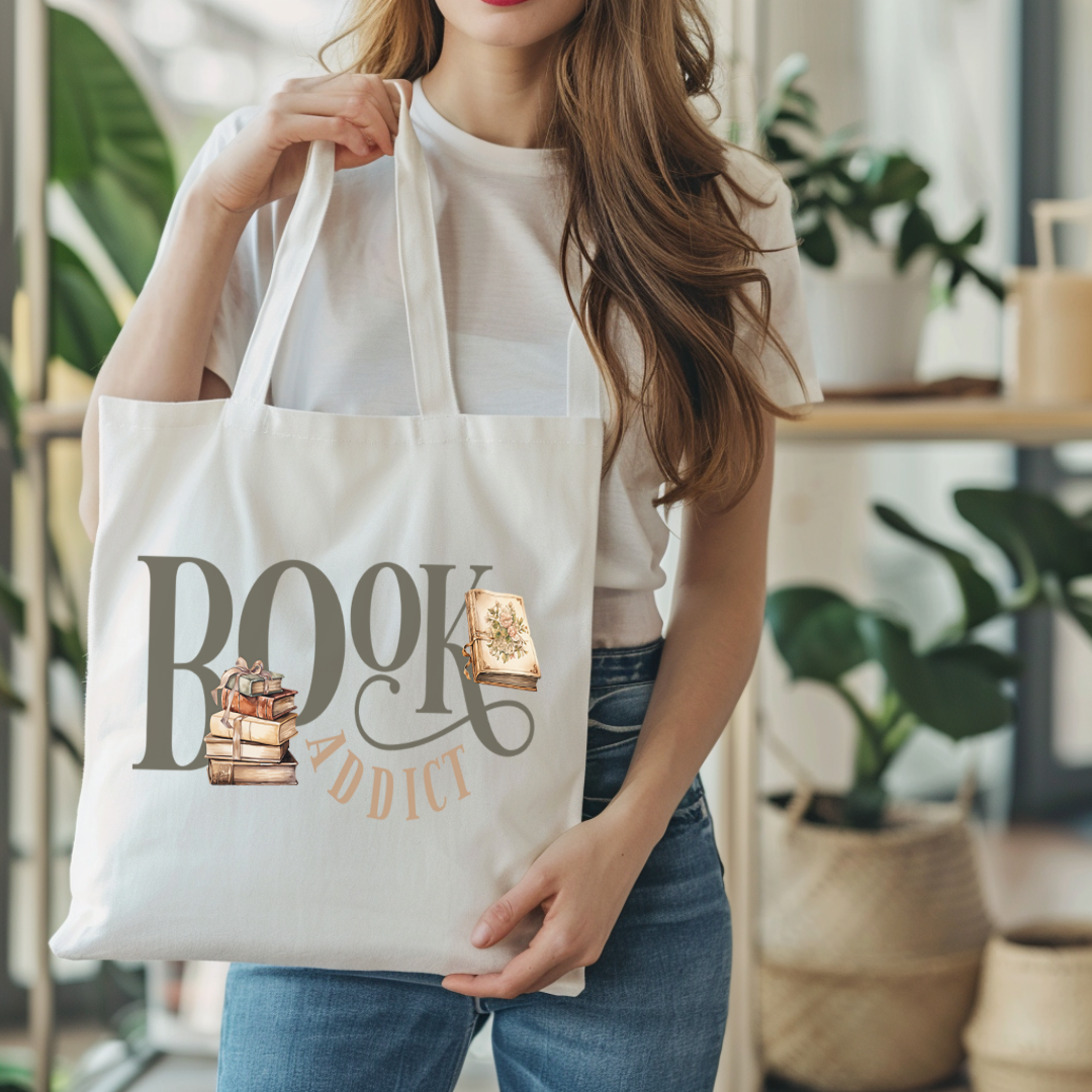 Sac fourre-tout de couleur naturel en coton 15 x 16 pouces de diamètre avec design de livres et l'inscription Book Addict. Pour amateur de lecture et de livres.