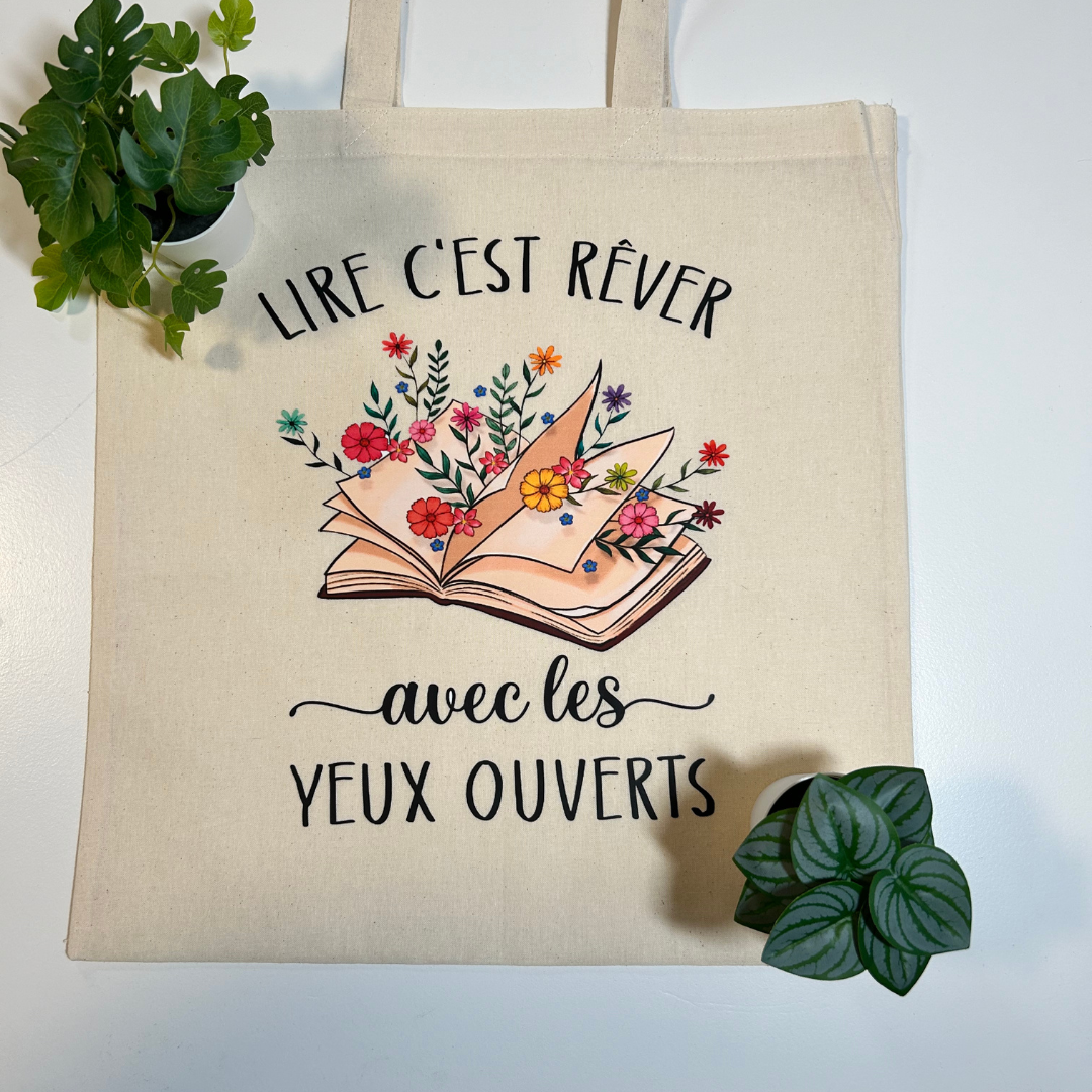 Sac fourre-tout en toile pour amoureux de lecture, design livre floral et citation inspirante